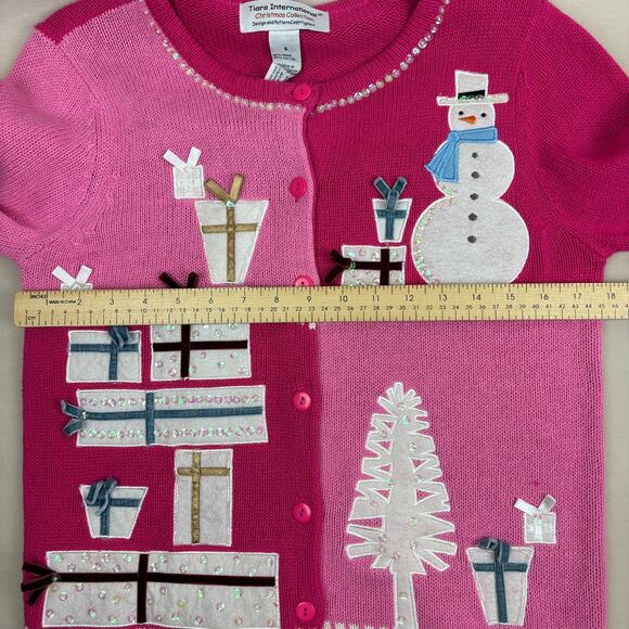 Pink Color Block Button Up Christmas Holiday Party Sweater Women's Small - Picture 10 of 12